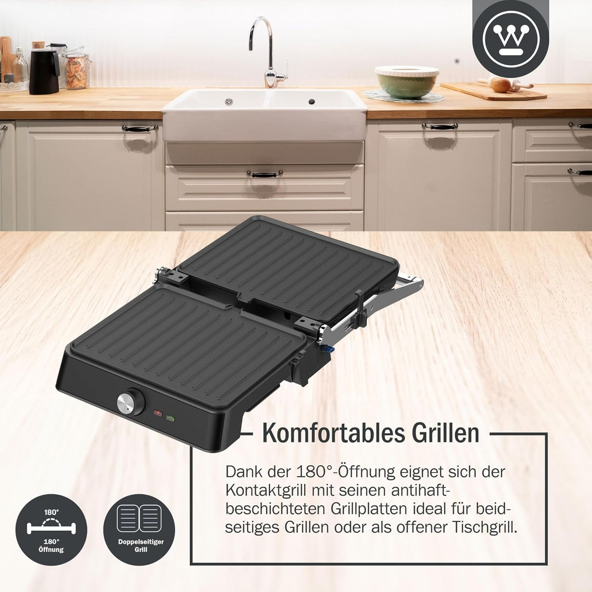 Westinghouse 2200W Retro Contact Grill | Double Sided Non-Stick Grill Plate for Indoor Table Grilling | Opens 180° to Double Size | Adjustable Height Control | Cool Touch Handles | (Black WKCG907BK)