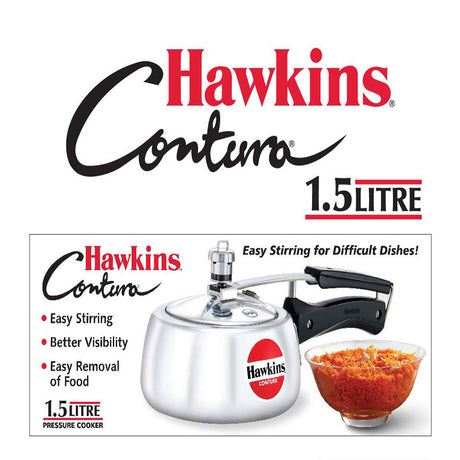 Hawkins Contura Pressure Cooker 1.5 Litre: HC15 with Hawkins Genuine 2 Gasket & 2 Safety Valve