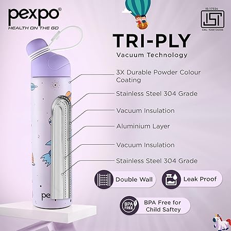 Pico 500 Pro Cute Sipper 470ml Rocket Design – Hot & Cold Stainless Steel Kids Water Bottle, Vacuum Insulated, Leak Proof, RCB Edition