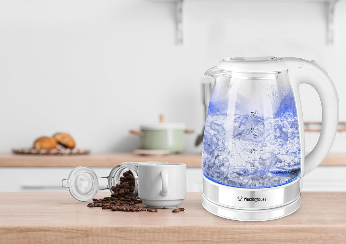 Westinghouse Simple Life 1.8L 1500W Electric Glass Kettle | Crystal-Clear Glass Body, Elegant Blue Indicator, 360° Swivel Base