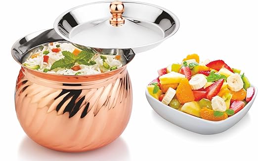 Mukti Stainless Steel Food Storage Handis & Cooking Pots|Curry Pots, Gravy, Rice Patilas, Biryani Kadhai & Topes|Mudhiras Belly Pot S-Cross with Lid|800ml x 1pc