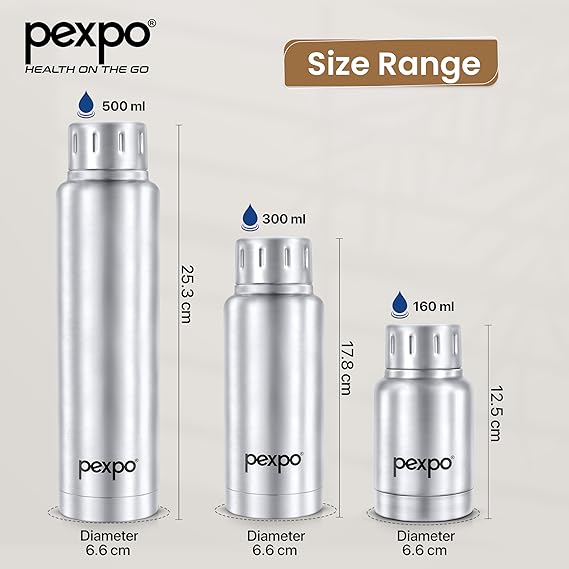 Pexpo Cameo Pro Vacuum Insulated 300ml Stainless Steel Water Bottle - Silver | Hot & Cold Upto 5-6 Hours | Leak of | Office, School, Gym & Travelling|Men, Women & Kids| RCB Edition