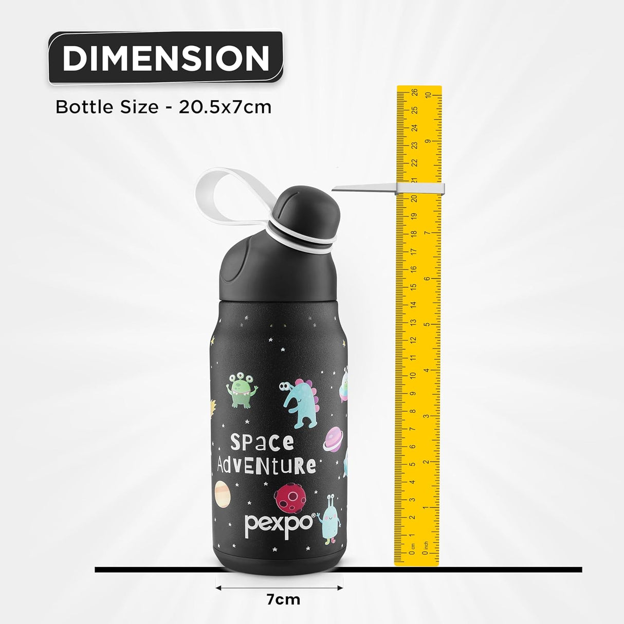 Pexpo Piano 450 - Cute Sipper|Hot & Cold Thermoflask - 420ml, Space Print|Stainless Steel Water Bottle for 6+ Years Kids & Adults|Vacuum Insulated|Portable Handle|Double Wall | School,Gym