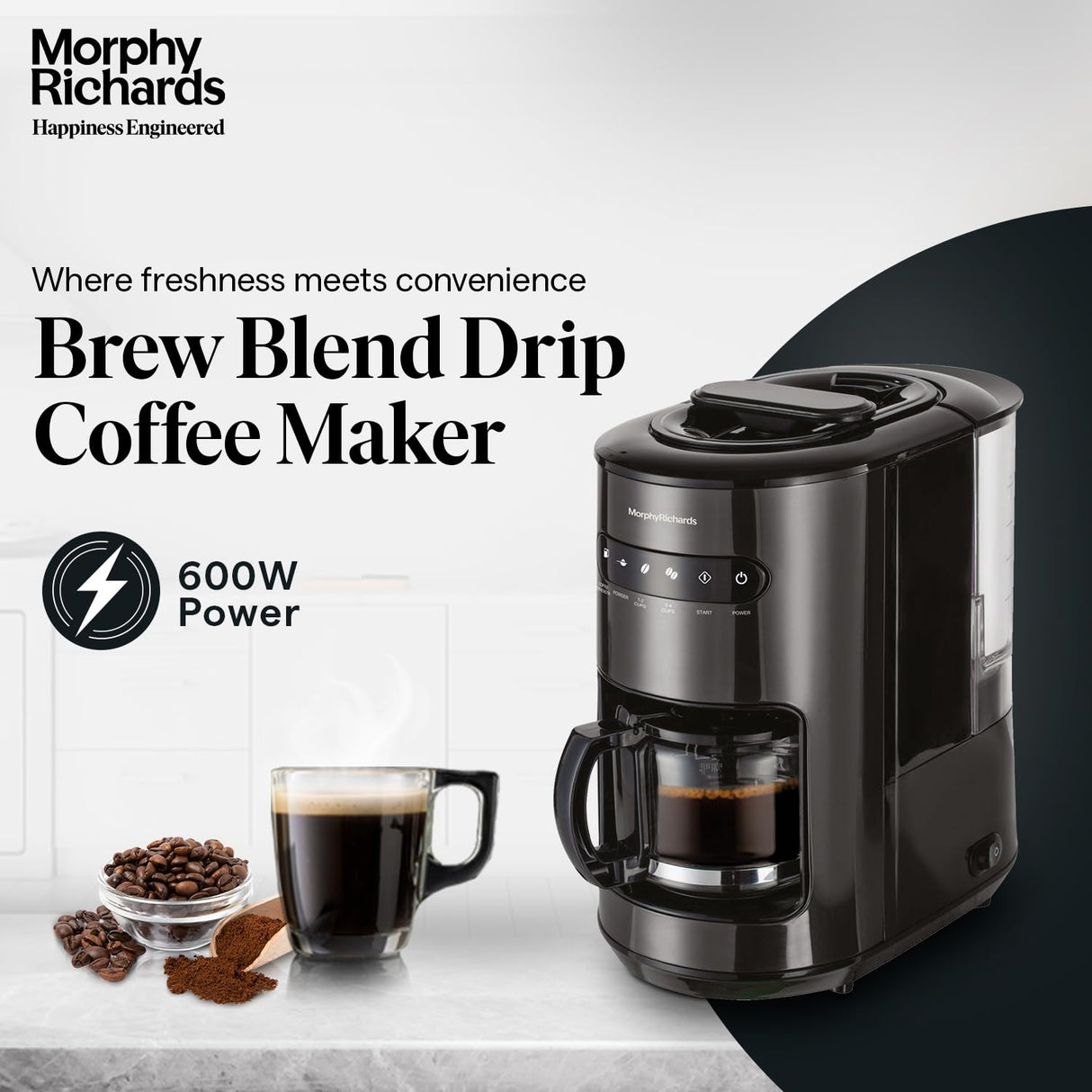 Brew Blend Coffee Maker – 600W Drip Coffee Maker, 6-Cups Capacity, Grind & Brew Function, Anti-Drip Function