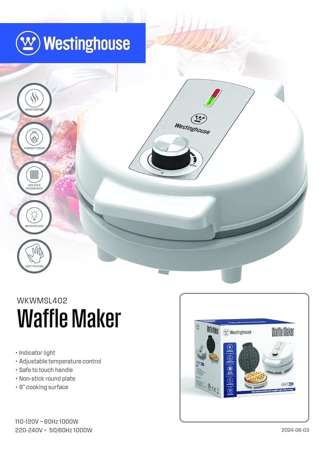 Westinghouse Simple Life 1000W Electric Waffle Maker 4 Slice | 8 Inch Plates, Quick Heating, Compact Design| Electric Waffle Iron With Non-Stick, Dual Side Plate