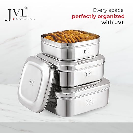 JVL Stainless Steel Kitchen's Storage Costa Square Shape Container Box with Steel Lid (2100 ml - Medium)SCS-2