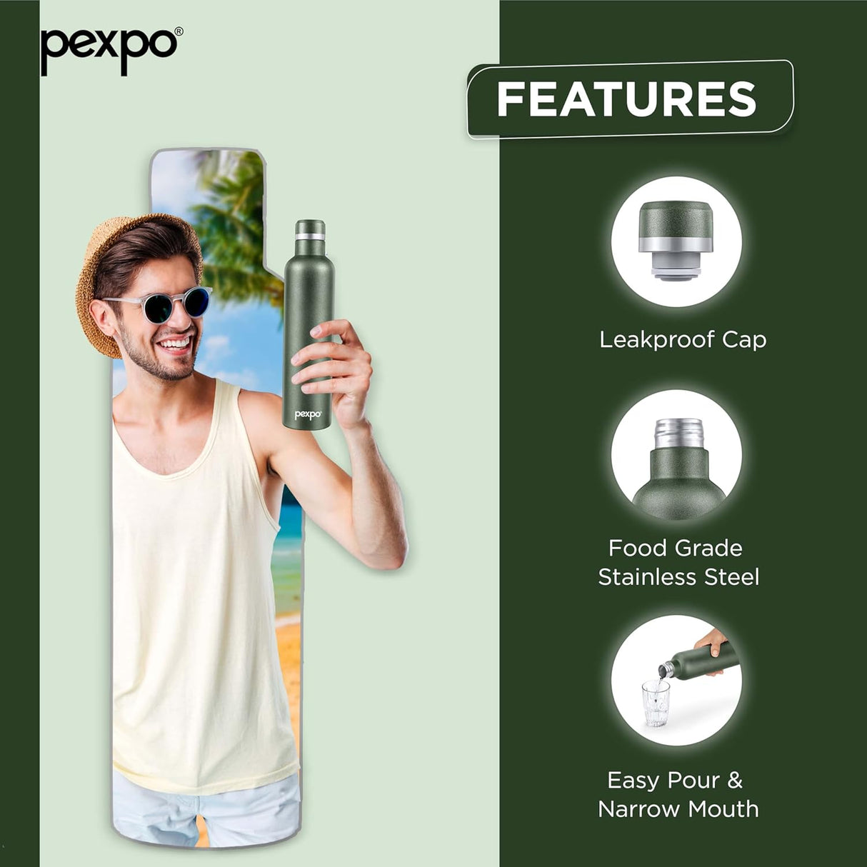 Pexpo Stainless Steel Hot and Cold Vacuum Insulated ISI Certified Flask,750ml, Military Green, | Double Wall Flask | BPA Free | Office | School | Home | Hiking | Gym | RCB Edition