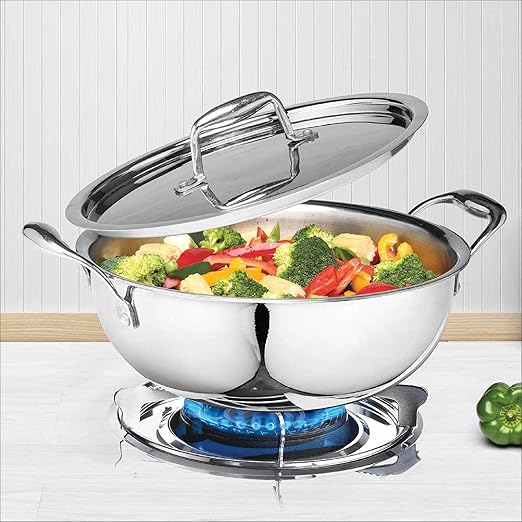SignoraWare 5000Ml Artista Tri-Ply Non-Stick Deep Fry Kadhai 28Cm,Induction Compatible Cookware Kadai,Grade 304 Stainless Steel,Food Grade,Dishwasher Safe Pot (Silver)