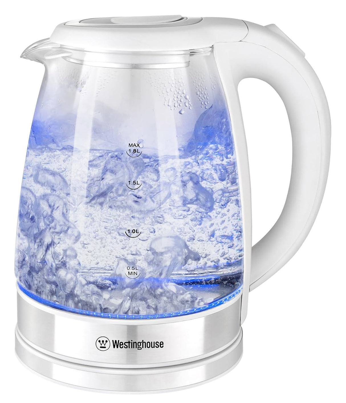 Westinghouse Simple Life 1.8L 1500W Electric Glass Kettle | Crystal-Clear Glass Body, Elegant Blue Indicator, 360° Swivel Base