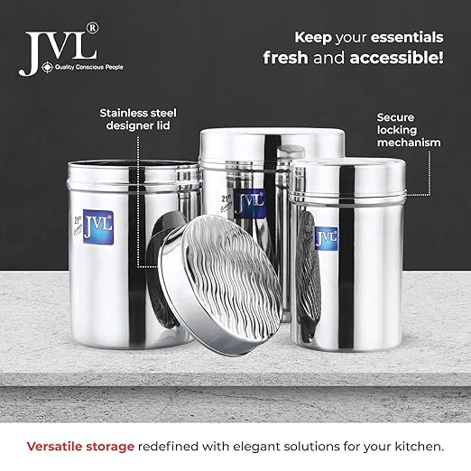 JVL Classicware Vintage Designer Canister Stainless Steel Kitchen Storage Jar with Lid Airtight, Mirror Polish Finish Ideal for Tea, Coffee, Sugar, Spices (450 ML) VCC - 1