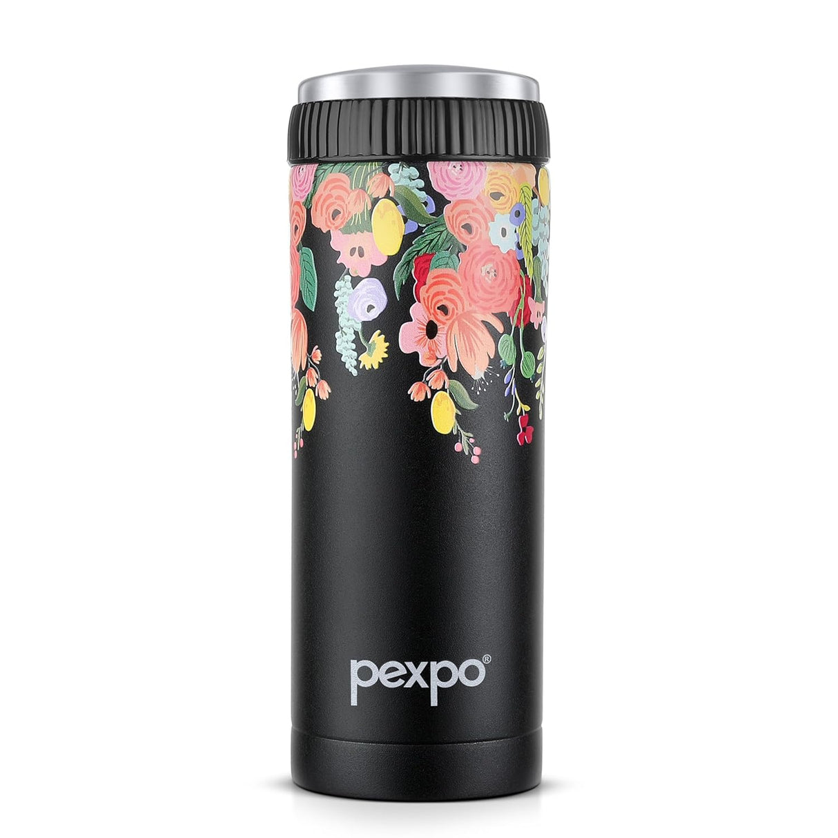 Pexpo Crypto Art 500 ISI Certified Hot & Cold Flask -Black UV Flower Print Stainless Steel - 430ml | Vacuum Insulated Thermosteel Flask| Leak Proof| Thermos Mug| Travel Mug | Adults| Boys & Girls