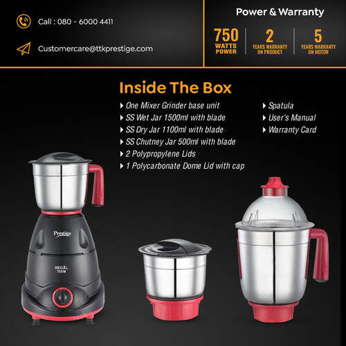 Regal Mixer Grinder 750W | 3 Stainless Steel Jars | Super Efficient Blades | Red and Black | Sturdy Handles