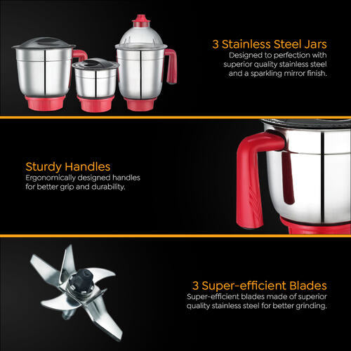 Regal Mixer Grinder 750W | 3 Stainless Steel Jars | Super Efficient Blades | Red and Black | Sturdy Handles