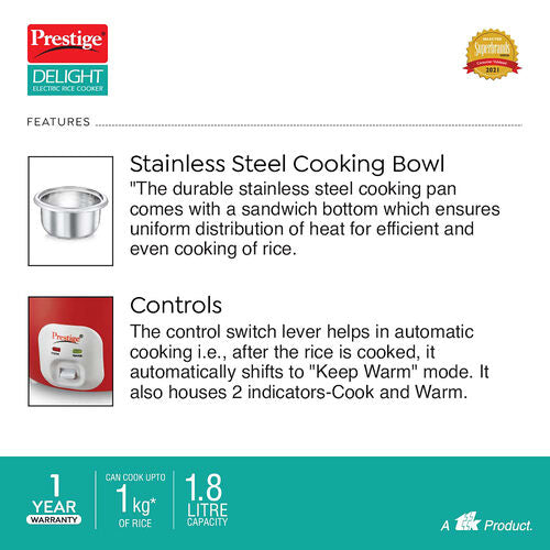 Delight Electric Rice Cooker Cute | Double Wall Body | Stainless Steel Cooking Pan | Keep Warm Mode