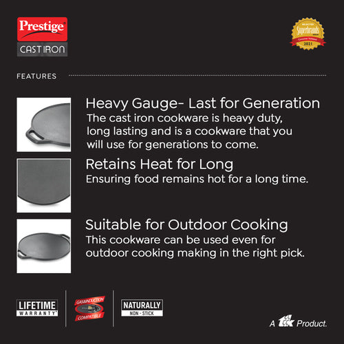 Prestige Cast Iron Scratch Resistant Round Base Dosa Tawa, 30cm (Black) 30557