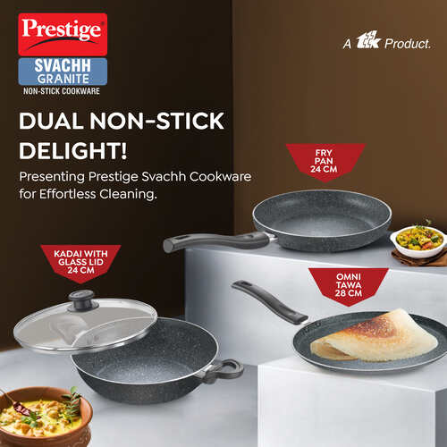 Svachh Granite Non-Stick 3-Piece Set Cookware |Dual Non-Stick Delight|Omni Tawa -28cm Dia, Kadai with GlassLid -24cm Dia, Fry Pan -24cm Dia|Gas and Induction Compatible|Metal Spoon Friendly 38368