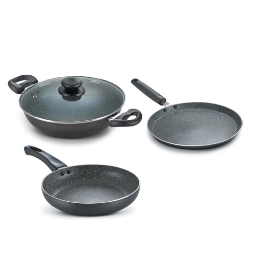Omega Deluxe Granite Alpha 3 Piece BYK Non-Stick Cookware Set| Kadai 24cm with Glass Lid, Omni Tawa 28cm and Fry Pan 24cm| Gas and Induction Compatible| 5 Layer Non-Stick Coating 38390