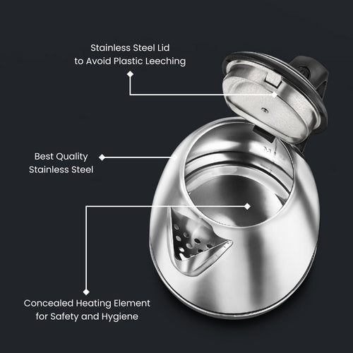 PKOSS Stainless Steel Electric Kettle 1.5L, 1350W | Concealed Element | Automatic Cut-Off | 360° Swivel Base