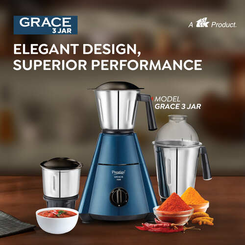 Grace Mixer Grinder 750W | 3 Stainless Steel Jars | Super Efficient Blades | Dome Shaped Lid | Blue & Black | Sturdy Handles