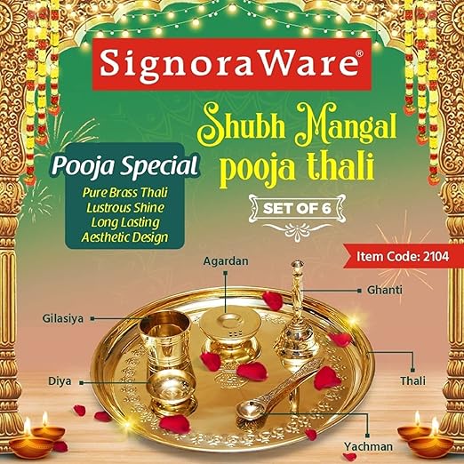 Signoraware Shubh Mangal Pooja Thali (Diya, Agardan, Yachman, Ghanti, Gilasiya) Brass