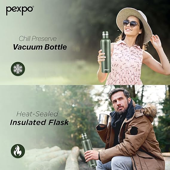 Pexpo Stainless Steel Hot and Cold Vacuum Insulated ISI Certified Flask,750ml, Military Green, | Double Wall Flask | BPA Free | Office | School | Home | Hiking | Gym | RCB Edition