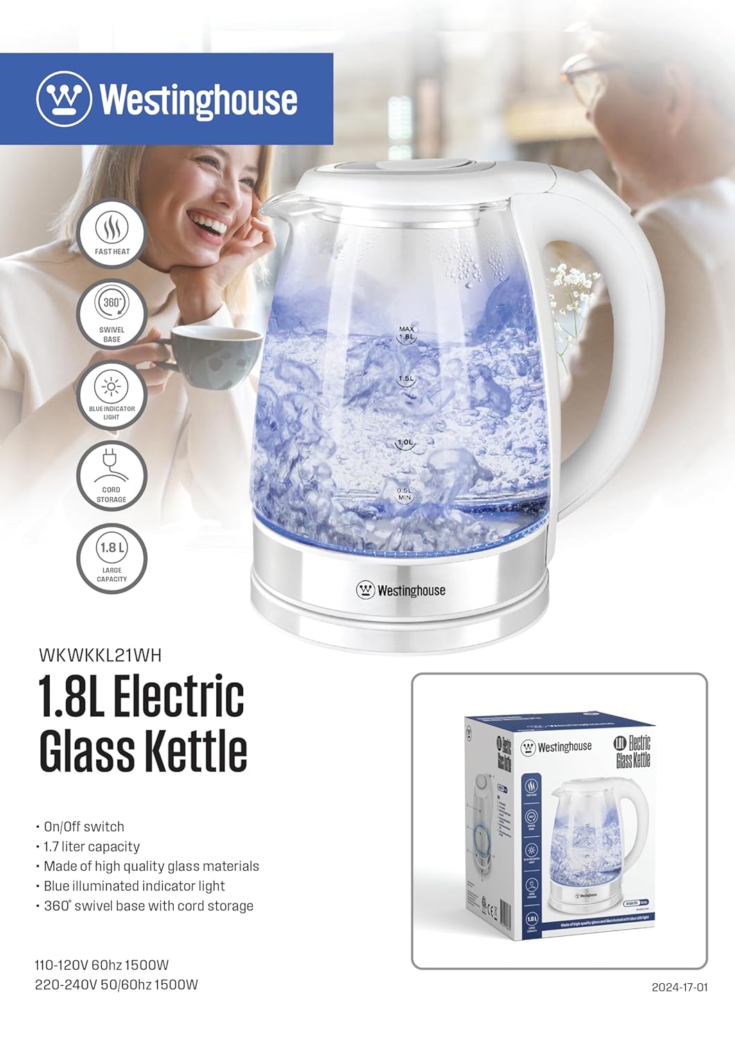 Westinghouse Simple Life 1.8L 1500W Electric Glass Kettle | Crystal-Clear Glass Body, Elegant Blue Indicator, 360° Swivel Base