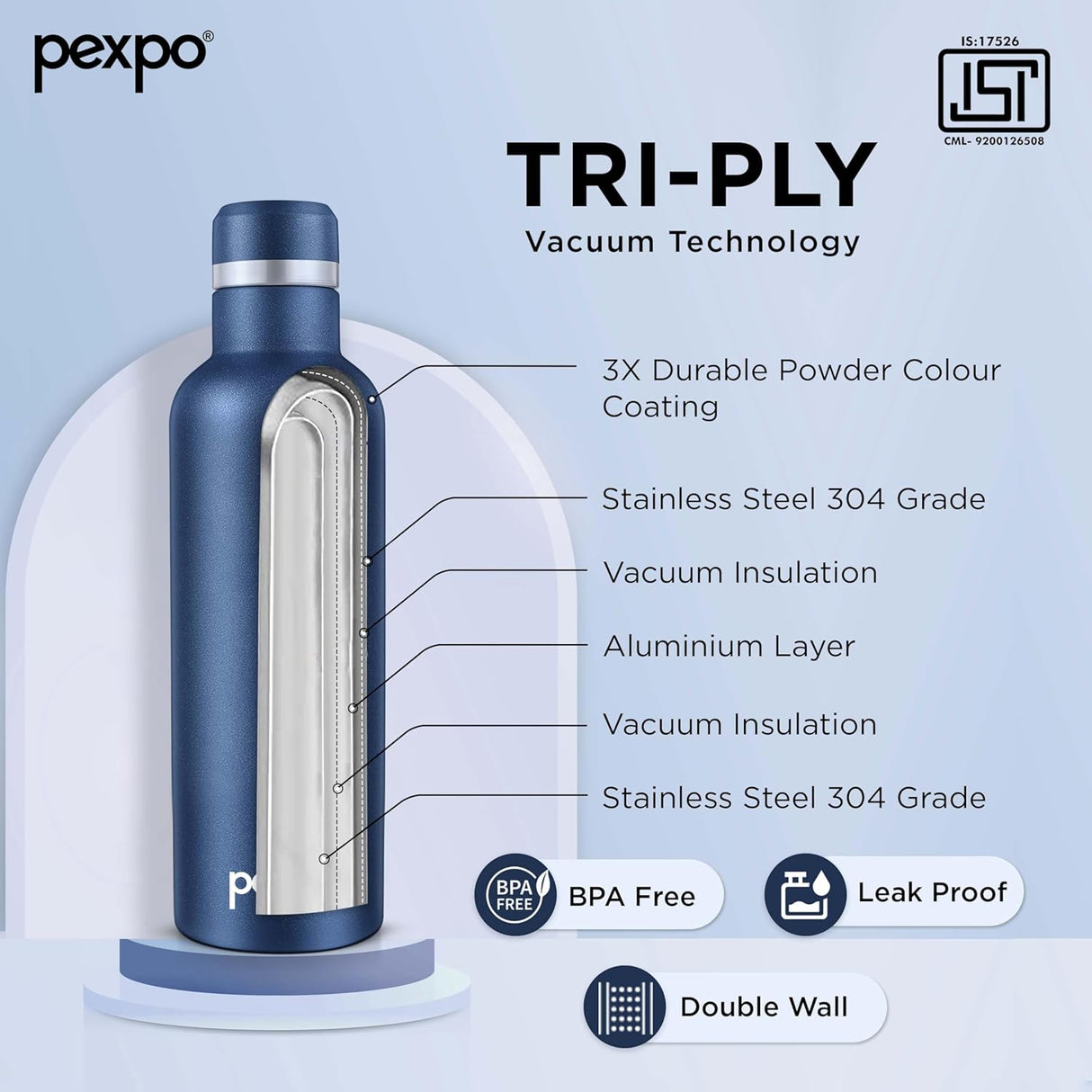 Pexpo Stainless Steel Hot and Cold Vacuum Insulated ISI Certified Flask, 500ml, Denim Blue, Set of 1, | Double Wall Flask | BPA Free | Office | School | Home | Hiking | Gym