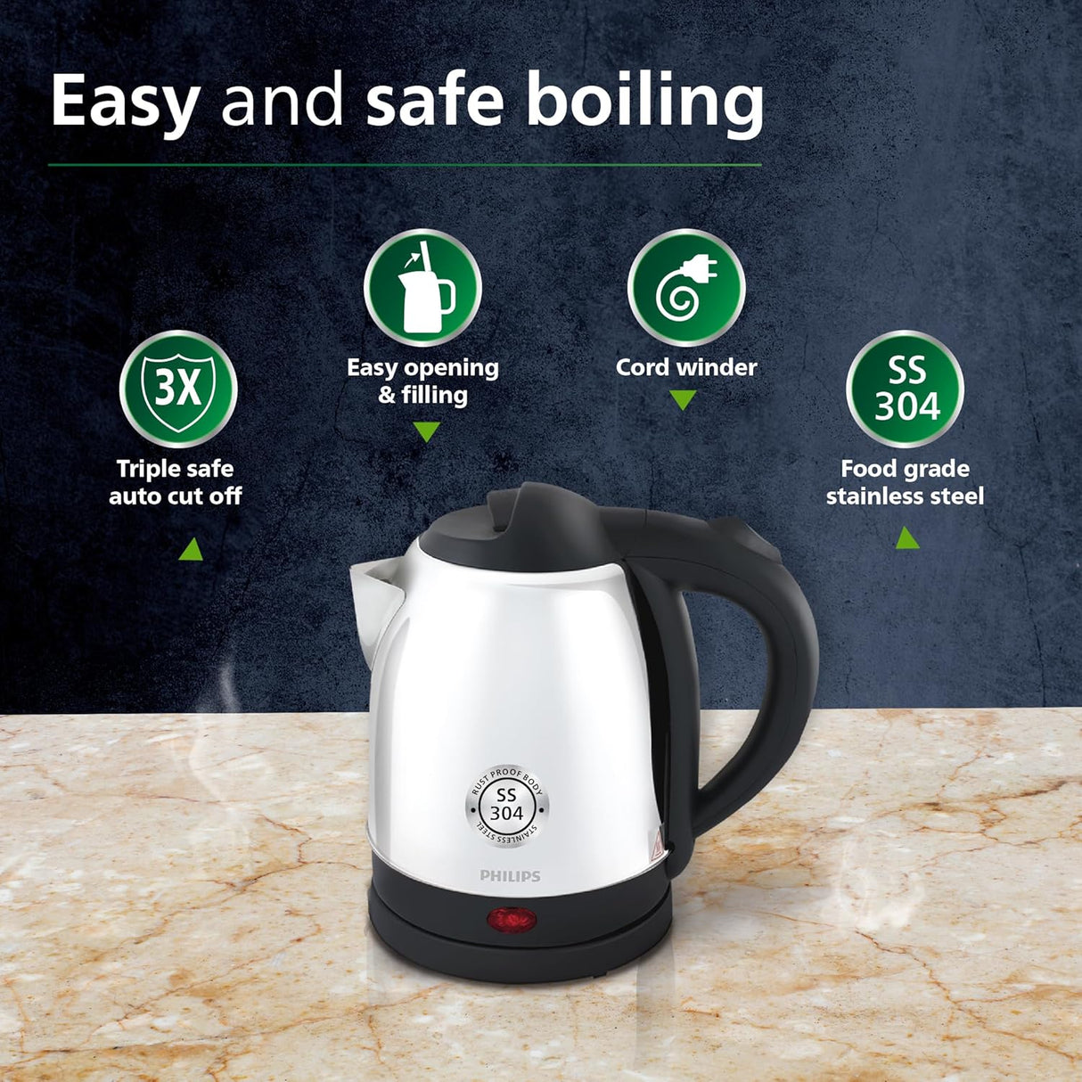 HD9373/00 Electric Kettle | 1.5L | 25% Thicker Stainless Steel Body | Triple Safe Auto Cut-Off | Rust-Proof Design