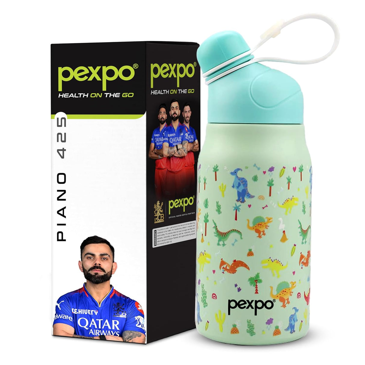 Pexpo Piano Pro 450 - Cute Sipper|Hot & Cold Thermoflask - 420ml, Dinasour Print|Stainless Steel Water Bottle for 6+ Years Kids & Adults|Vacuum Insulated|Portable Handle|Double Wall | RCB Edition
