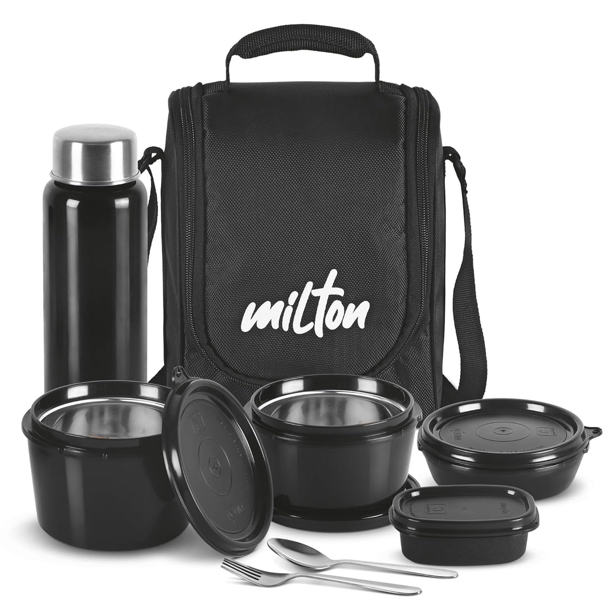 Pro Lunch Box with Steel Cutlery, 3 Microwave Safe Inner Steel Containers (180ml, 320ml, 450ml) Plastic Chutney Dabba 100ml, Steel Bottle 750ml with Insulated Bag, Office Tiffin, Black