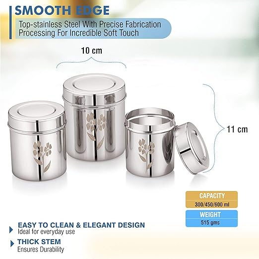 Mukti Stainless Steel Food Storage Jars & Containers|Dabba Set|Gourmet Flora 3pcs Set|300/450/600ml