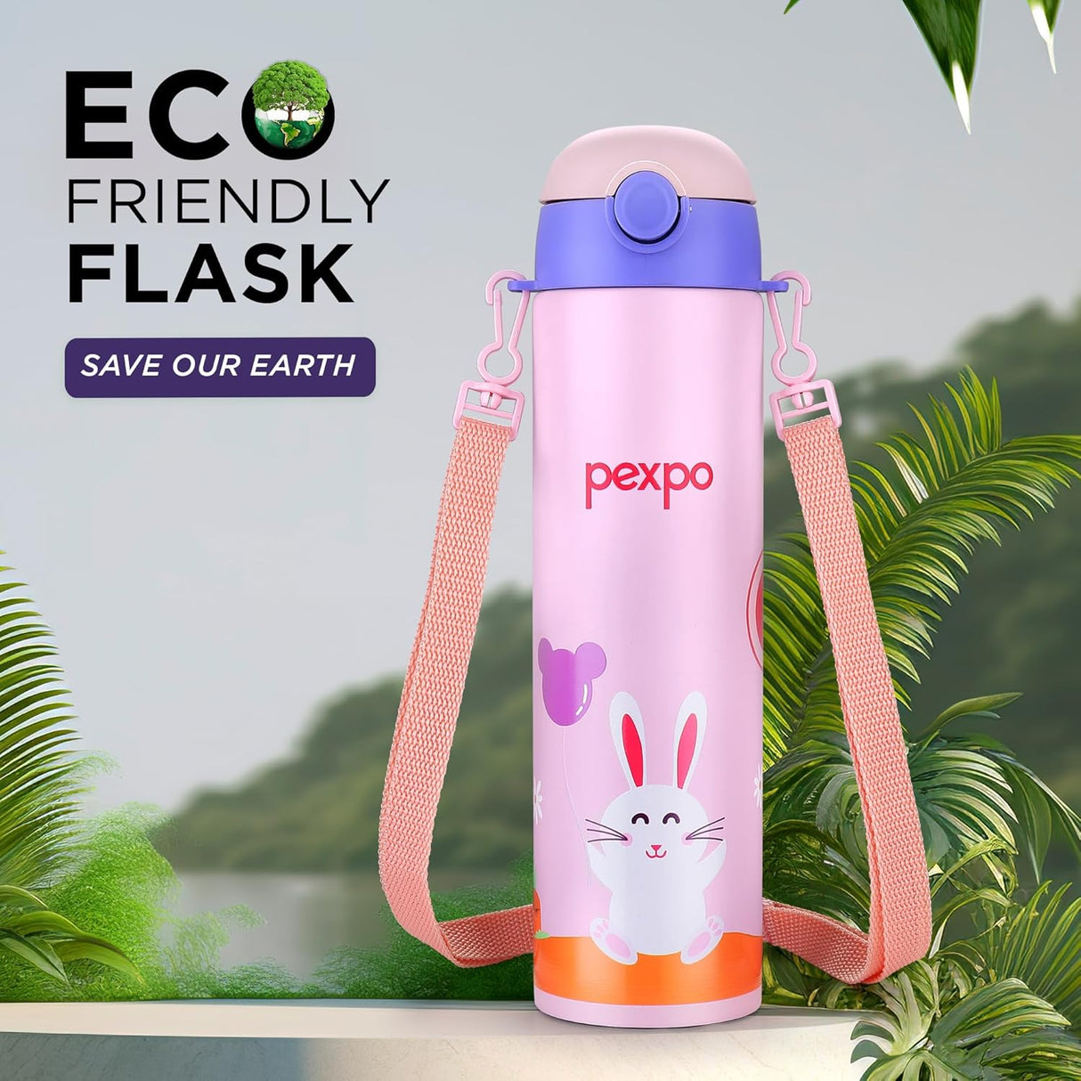 Pexpo Pixy 500 Cute Design |Hot & Cold Thermoflask - 470ml, Rabbit Print|Stainless Steel Water Bottle for 6+ Years Kids & Adults|Vacuum Insulated|Portable Handle|Double Wall