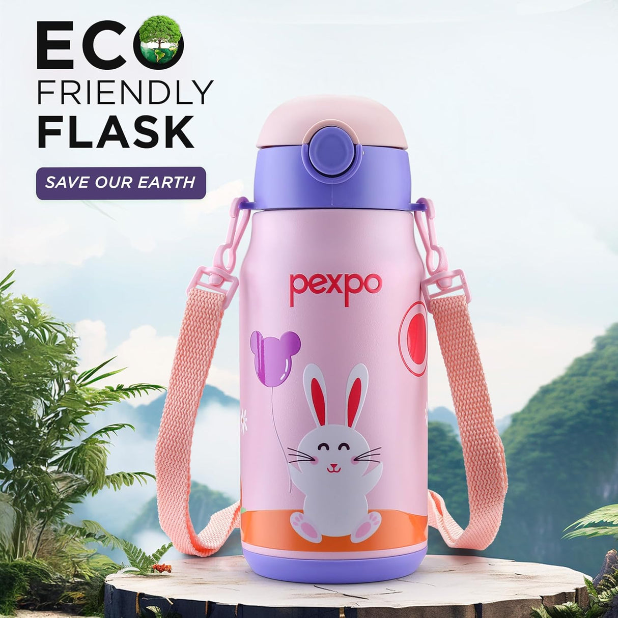 Pexpo Poggo 450 Hot & Cold Stainless Steel Water Bottle for 6+ Years Kids - 420 ml |Rabbit UV Printed Design |Vacuum Insulated|Leak Proof & BPA Free|School, Picnic, Travel