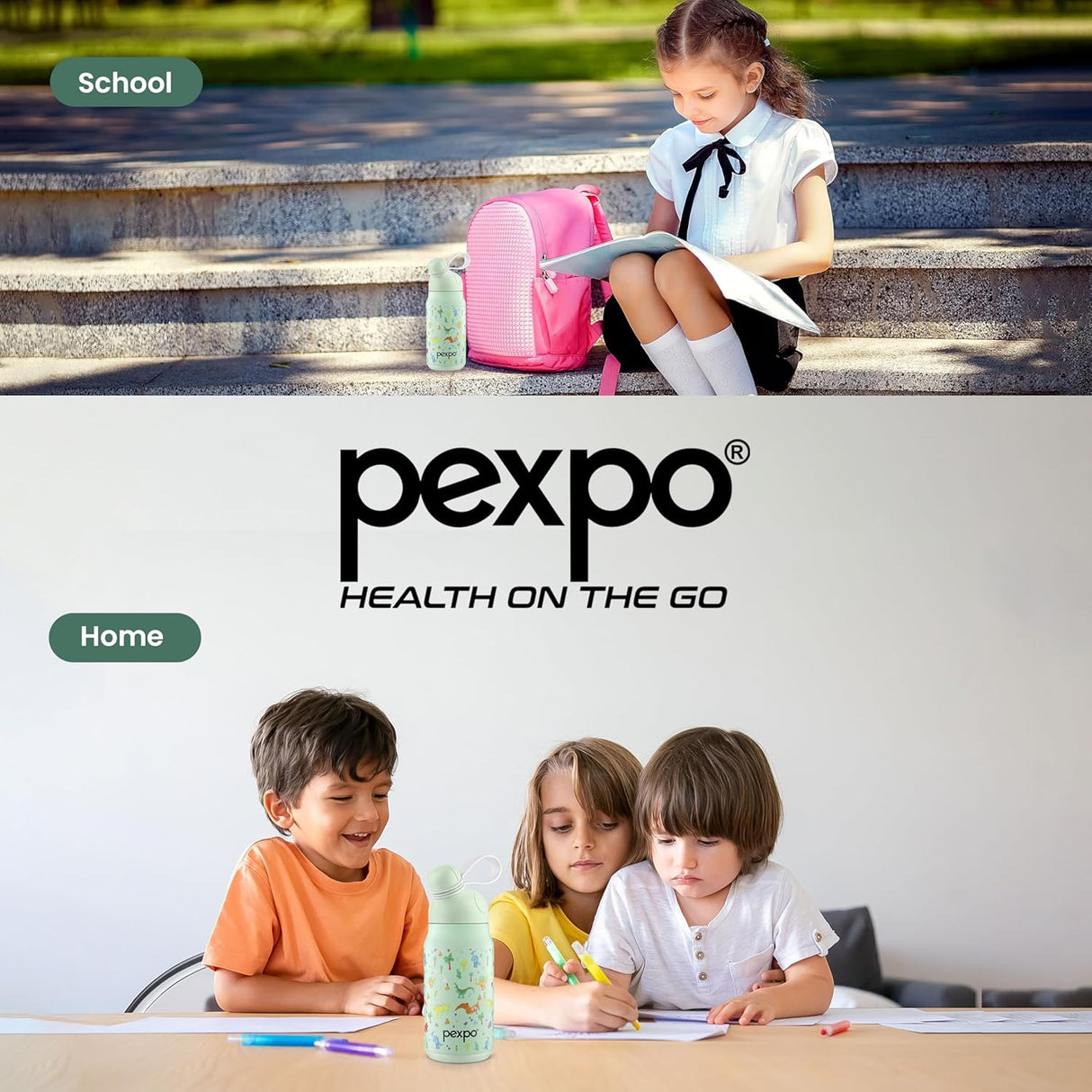 Pexpo Piano Pro 450 - Cute Sipper|Hot & Cold Thermoflask - 420ml, Dinasour Print|Stainless Steel Water Bottle for 6+ Years Kids & Adults|Vacuum Insulated|Portable Handle|Double Wall | RCB Edition