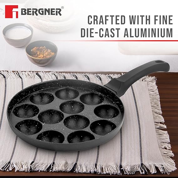 Senator Non Stick Paniyarakkal/Appampatra with Glass Lid, 12 Pits Gas Top Compatible Only, Black BGIN-2580