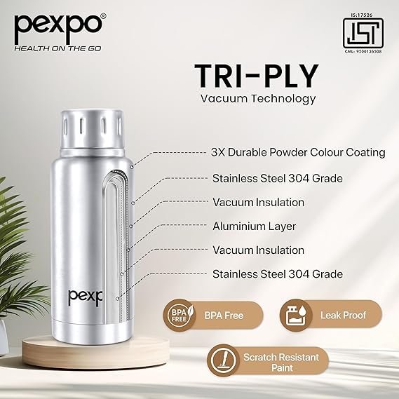 Pexpo Cameo Pro Vacuum Insulated 300ml Stainless Steel Water Bottle - Silver | Hot & Cold Upto 5-6 Hours | Leak of | Office, School, Gym & Travelling|Men, Women & Kids| RCB Edition