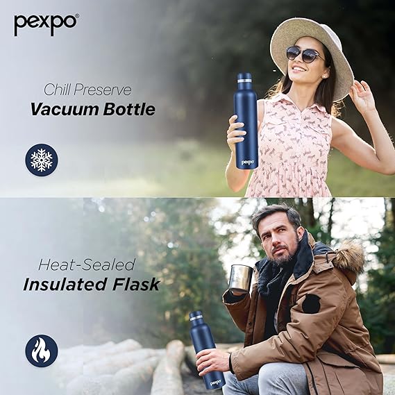 Pexpo Stainless Steel Hot and Cold Vacuum Insulated ISI Certified Flask,750ml, Denim Blue, | Double Wall Flask | BPA Free | Office | School | Home | Hiking | Gym
