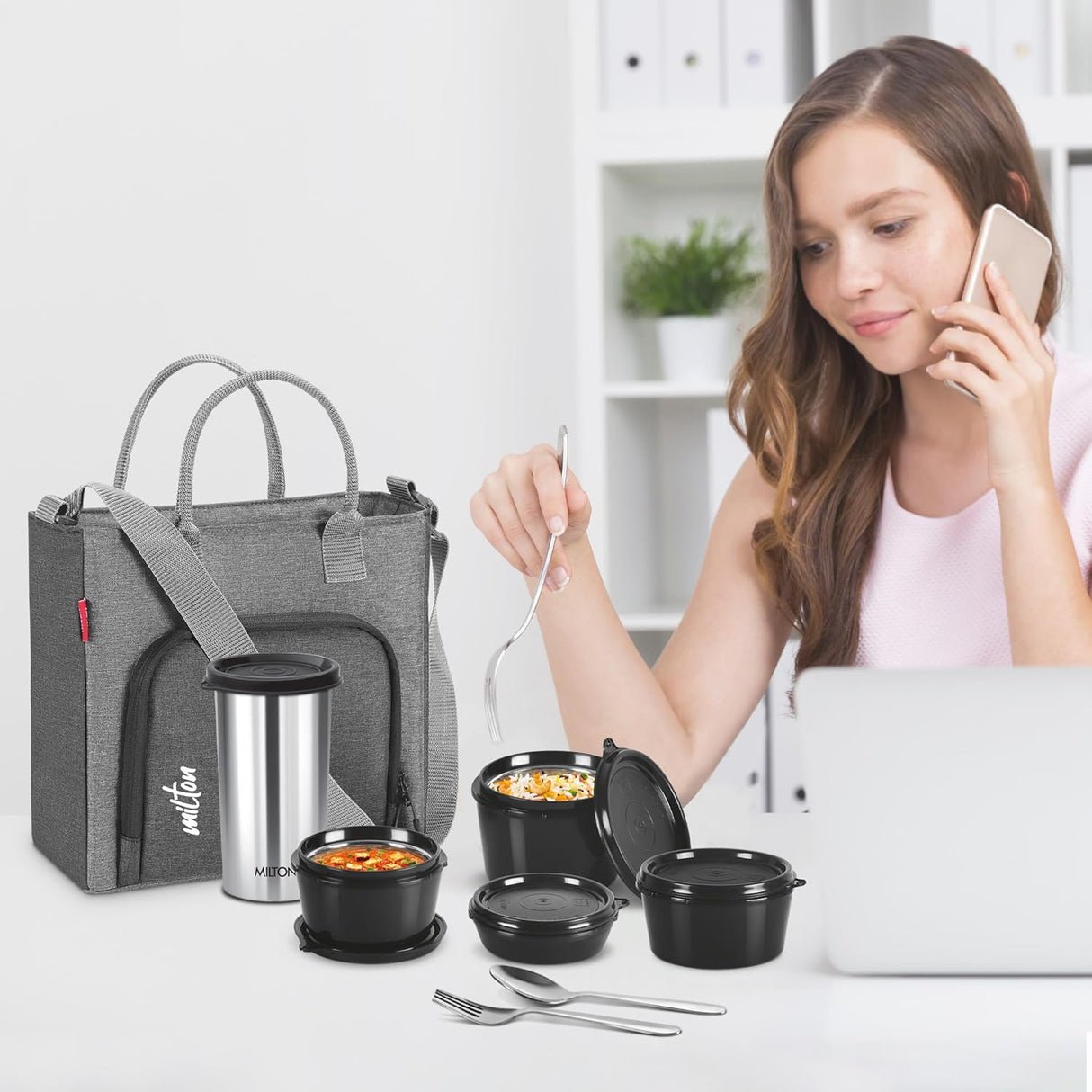 Style Mate Tiffin (4 Microwave Safe Inner Steel Containers, 180/320/320/450 ml; 1 SS Tumbler, 380 ml, Spoon and Fork) With Insulated Fabric Jacket, Grey