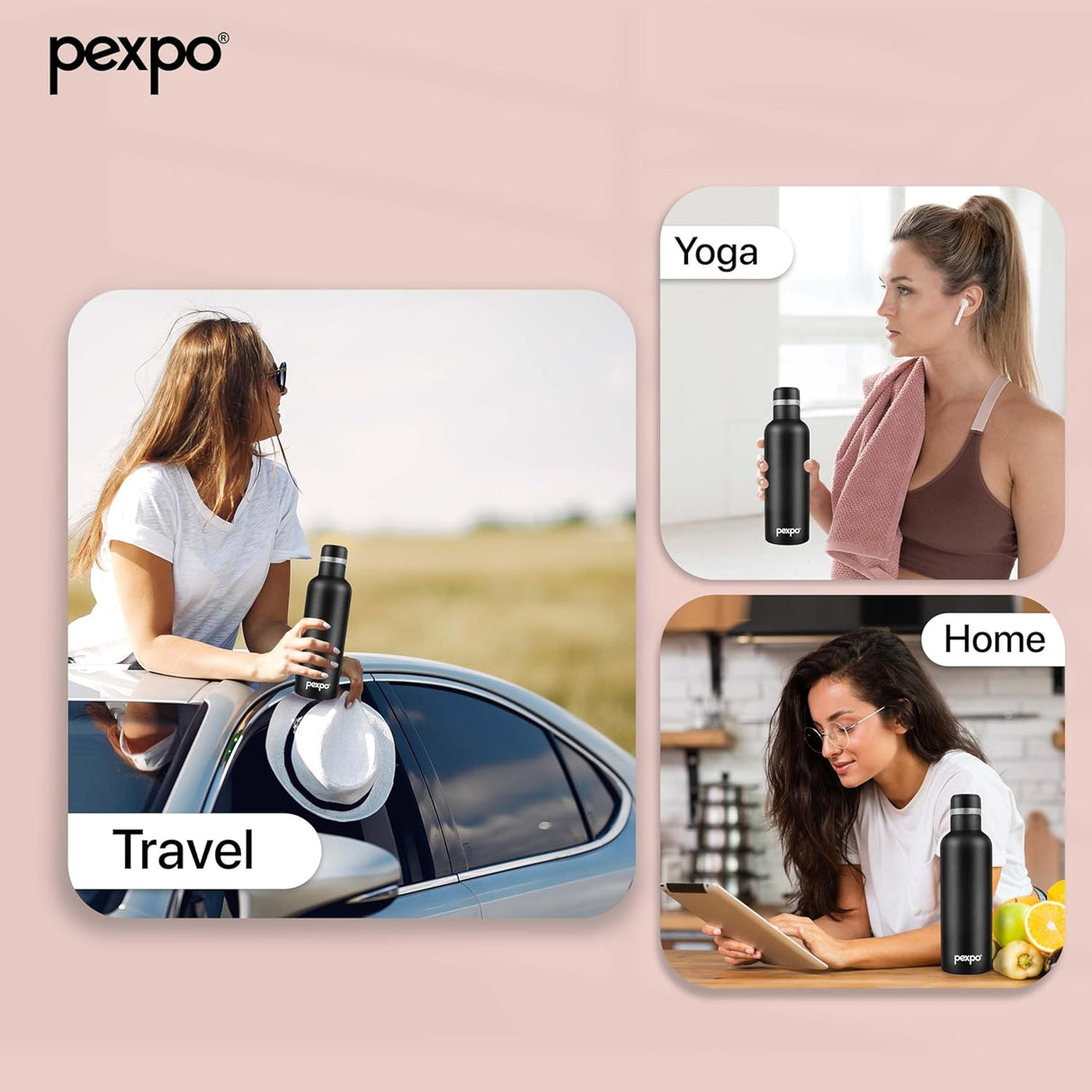 Pexpo Stainless Steel Hot and Cold Vacuum Insulated ISI Certified Flask,750ml,Black, | Double Wall Flask | BPA Free | Office | School | Home | Hiking | Gym