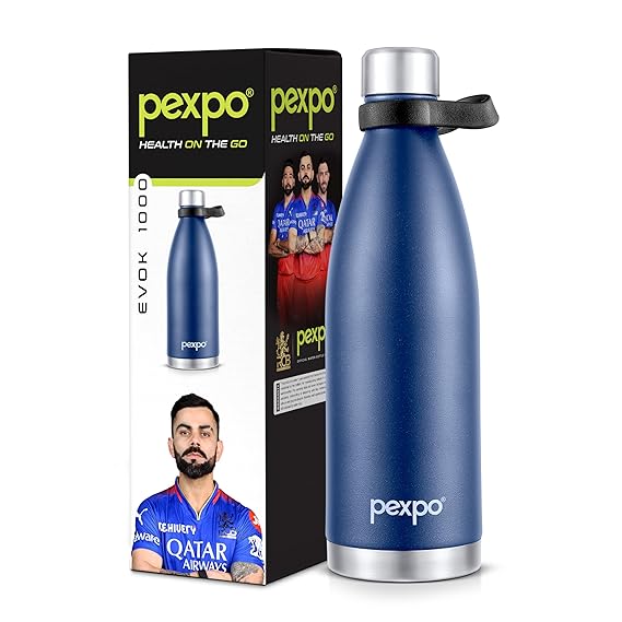 Pexpo Evok 1000 Stainless Steel Hot and Cold Vacuum Insulated ISI Certified Flask, 980ml, Knight Black | Double Wall Flask | BPA Free | Office | School | Home | Kitchen | Travel | Hiking (Copy)