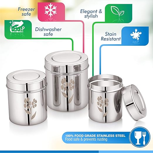Mukti Stainless Steel Food Storage Jars & Containers|Dabba Set|Gourmet Flora 3pcs Set|300/450/600ml