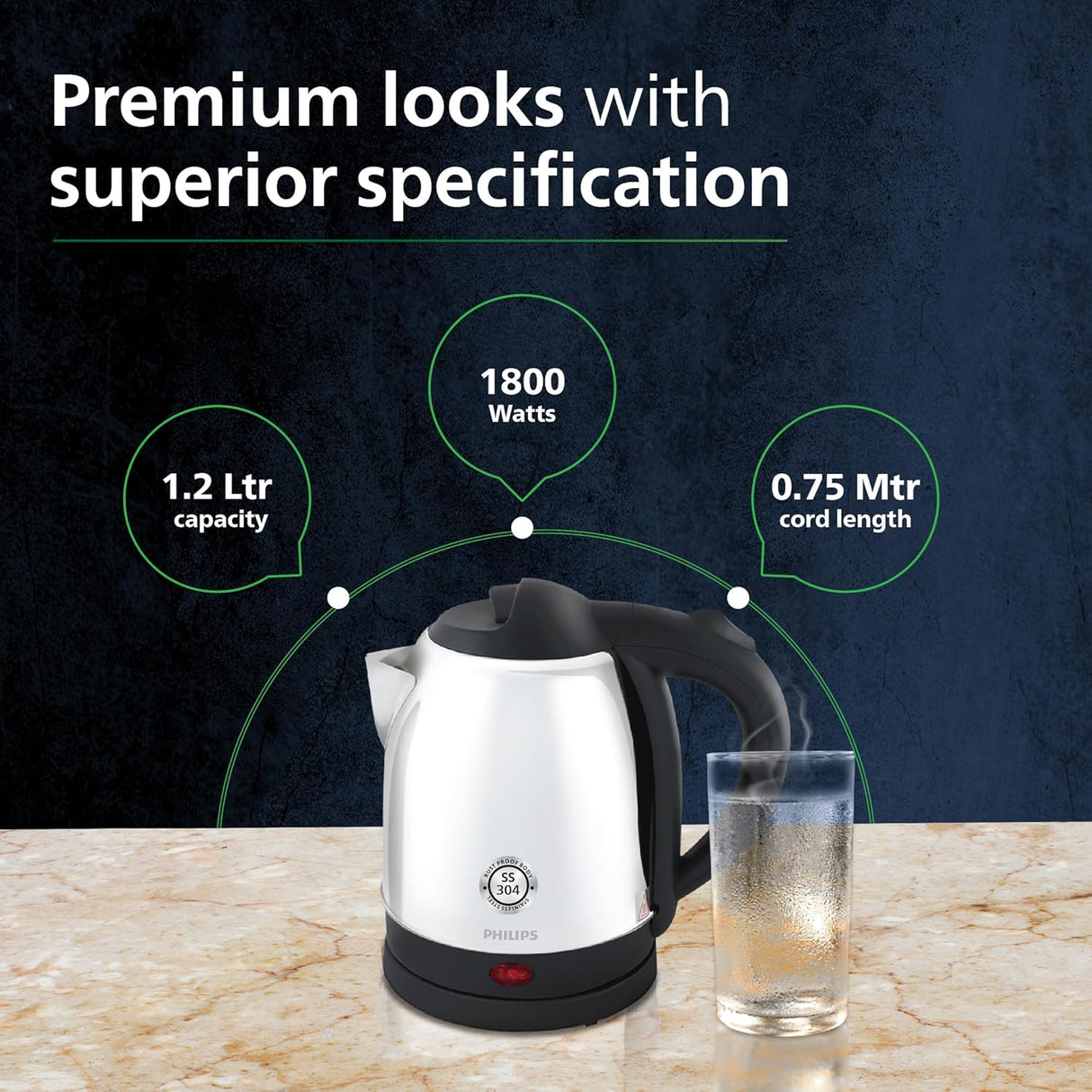 HD9373/00 Electric Kettle | 1.5L | 25% Thicker Stainless Steel Body | Triple Safe Auto Cut-Off | Rust-Proof Design