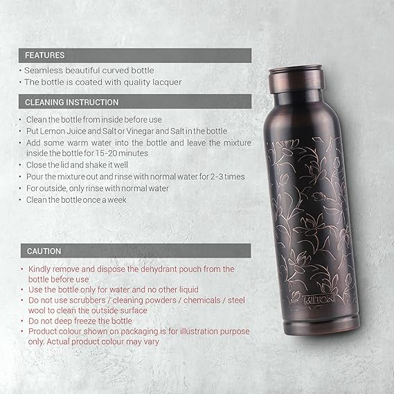 Milton Copper Swasth Water Bottle, 940 ml, Black Lotus | Lacquer Coating, Curved bottle | Diwali | Festive | Gifting | Yoga | Home | Kitchen | Vedic