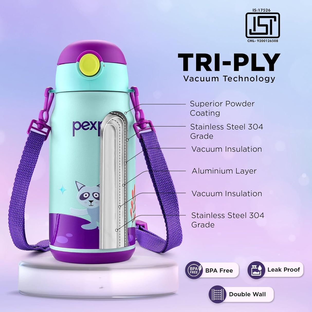 Pexpo Poggo 450 Hot & Cold Stainless Steel Water Bottle for 6+ Years Kids - 420 ml |Raccoon UV Printed Design |Vacuum Insulated|Leak Proof & BPA Free|School, Picnic, Travel