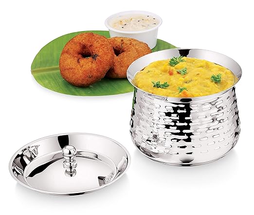 Mukti Stainless Steel Food Storage Handis & Cooking Pots|Curry Pots, Gravy, Rice Patilas, Biryani Kadhai & Topes|Mudhiras Checkers Curry & Rice Pot with Lid|2250ml x 1pc