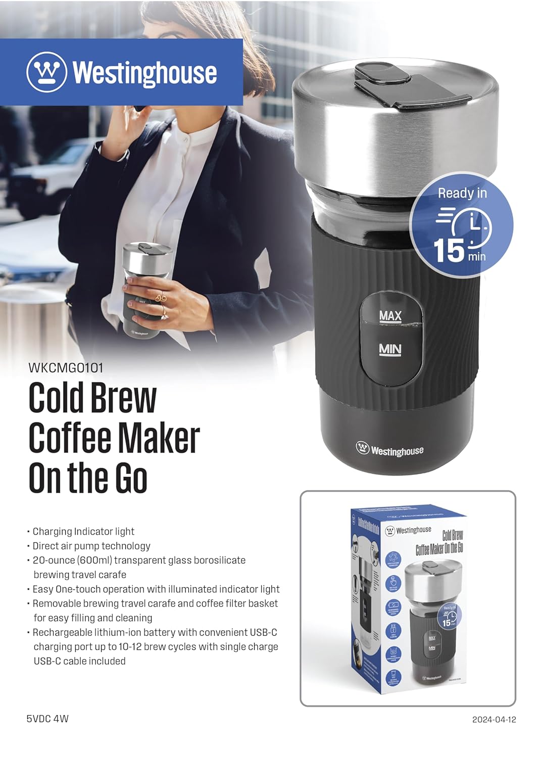 600ml Portable Cold Brew Coffee Maker |1200 mAh Battery, Cordless, Rechargeable, Compact |Transparent Brewing Chamber Anti-Slip Sleeve |Ready-to-Drink in 15 Minutes