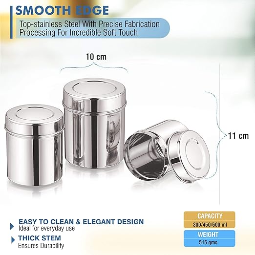 Mukti Stainless Steel Food Storage Jars & Containers|Dabba Set|Gourmet Plain 3pcs Set|300/450/600ml