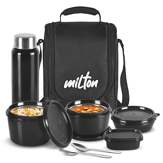 Pro Lunch Box with Steel Cutlery, 3 Microwave Safe Inner Steel Containers (180ml, 320ml, 450ml) Plastic Chutney Dabba 100ml, Steel Bottle 750ml with Insulated Bag, Office Tiffin, Black