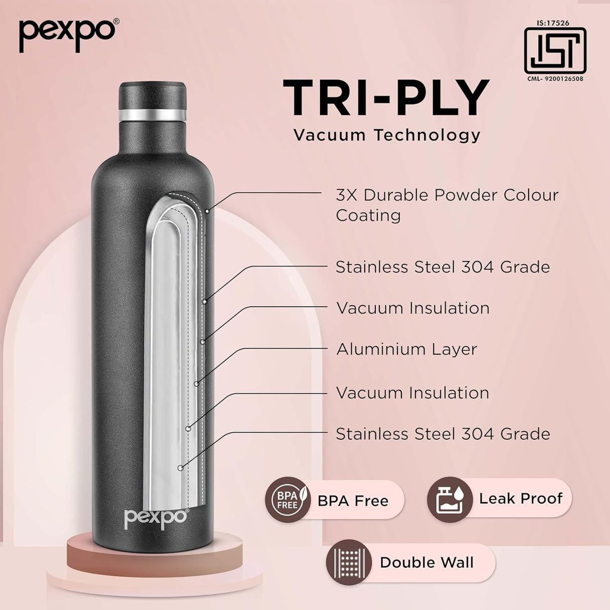 Pexpo Oreo Pro 1000 Stainless Steel Hot and Cold Vacuum Insulated ISI Certified Flask, 980ml, Knight Black | Double Wall Flask | BPA Free | Office | School | Home | Hiking | Gym| RCB Edition