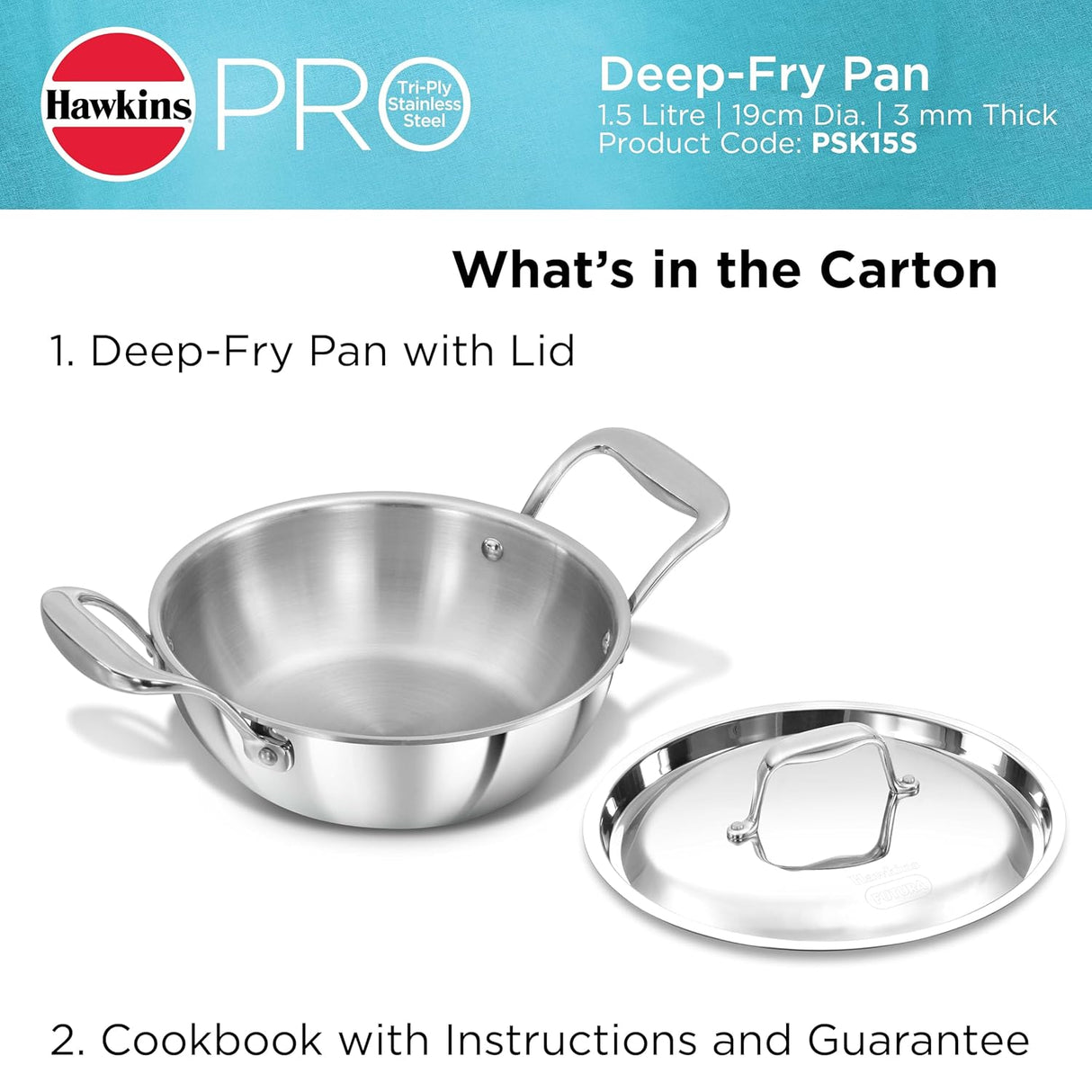 Hawkins Pro 1.5 Litre Deep-Fry Pan, Triply Stainless Steel Kadhai with Steel Handles and Steel Lid, Small Kadhai, Silver (PSK15S)